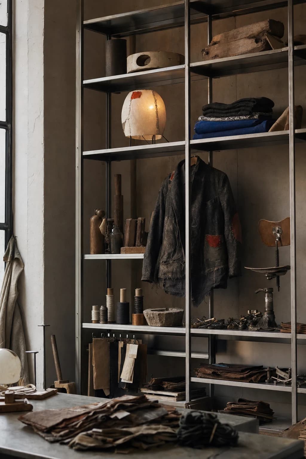 A workshop archive of repaired clothing, textiles, worn wood and metal parts