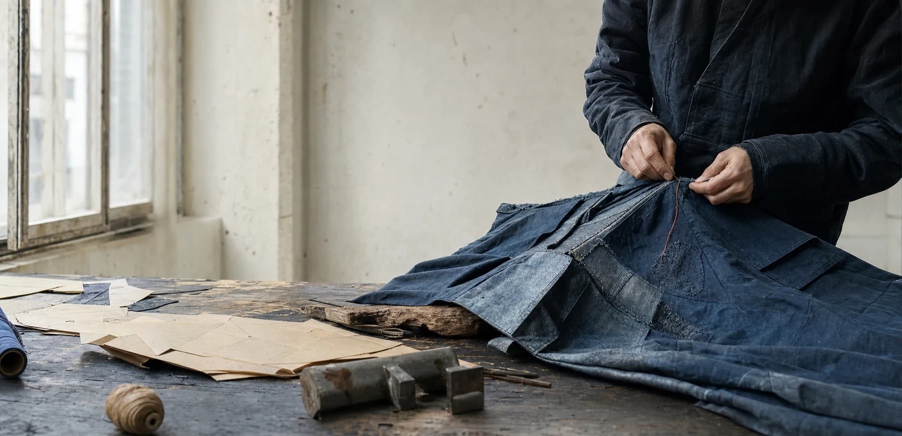 A maker mends an indigo garment by hand at a worn studio table