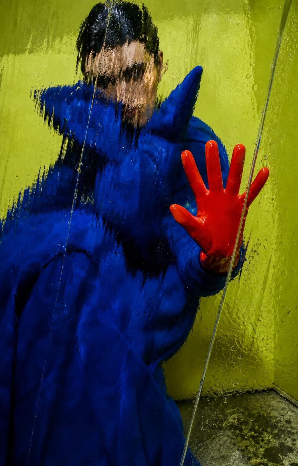 A cobalt-clad figure distorted through rippled glass in an acid-green room